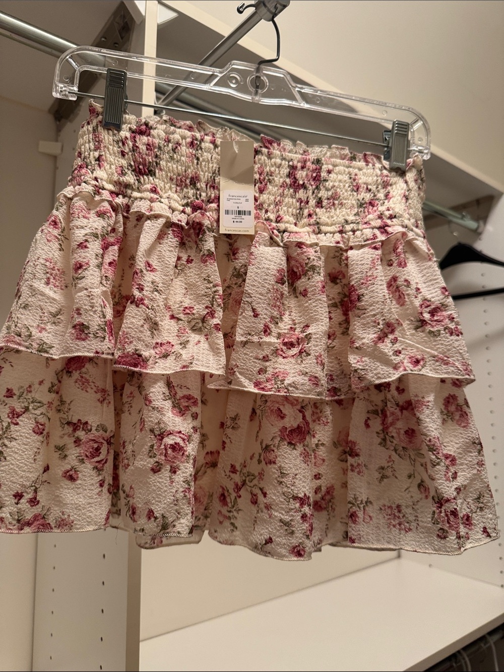 Francesca's Collections Cream Mini Skirt with Pink Rose Print